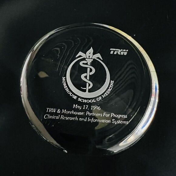 RARE 1996 TRW Morehouse School of Medicine Clear Glass Etched Paperweight